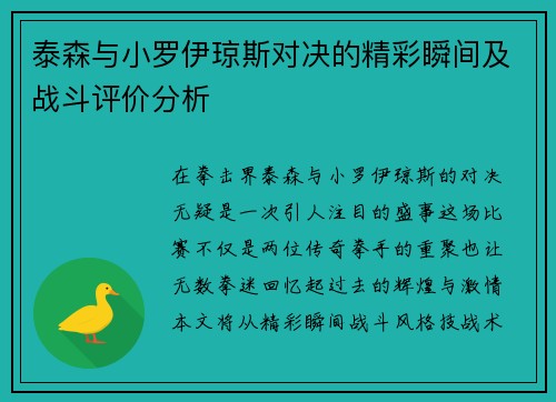 泰森与小罗伊琼斯对决的精彩瞬间及战斗评价分析